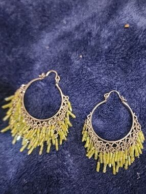 Silver-Tone Hoop Earrings with Lime Green Bead Fringe